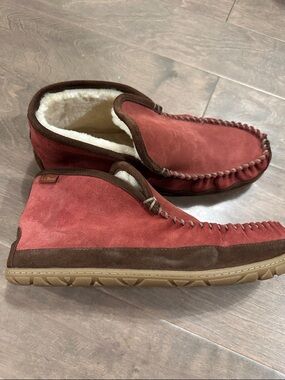 L.L. Bean Men’s Red Suede Moccasin-Style Slip-Ons with Brown Trim